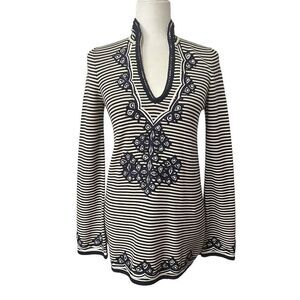Tory Burch Knit Dress or Tunic V-Neck Long-Sleeve Black & White Striped Embroide